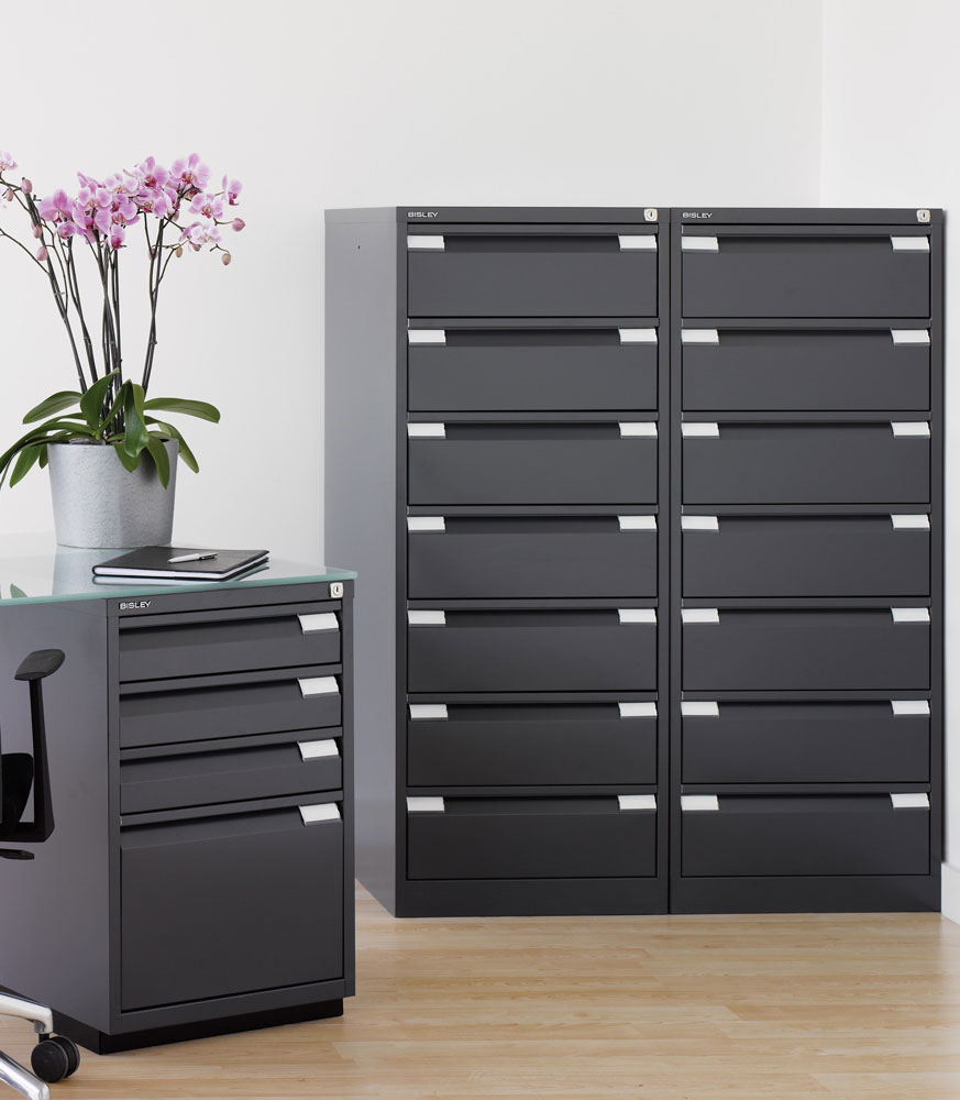 Ficheros metálicos multigavetas y cajoneras para oficina Bisley